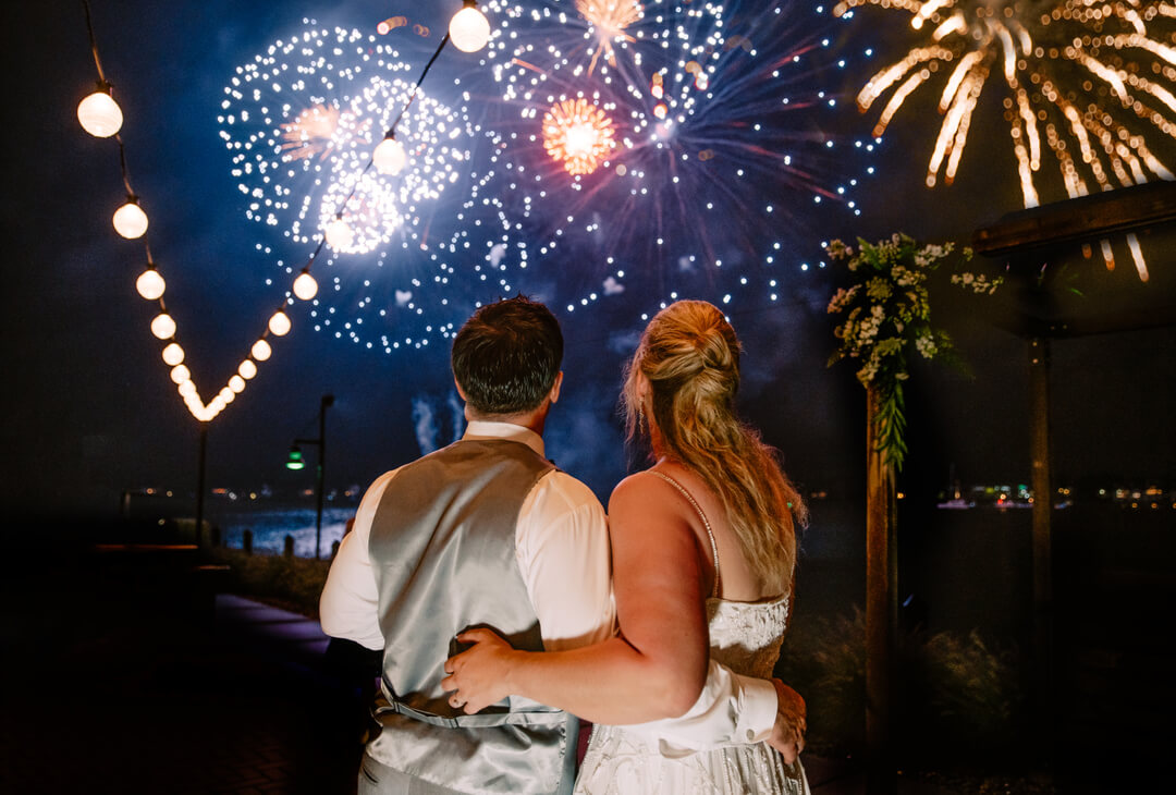 Bride and groom with fireworks